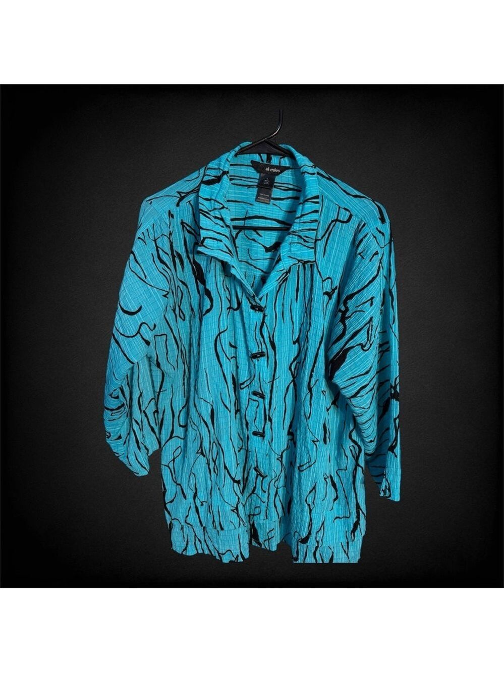 Ali Miles Turquoise Button-Up Blouse with Black Abstract Lines